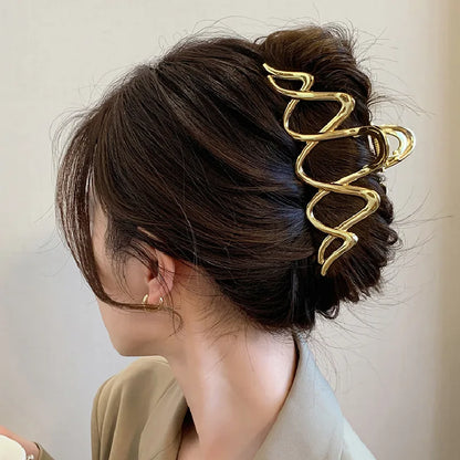 Elegant Gold Silver Wave Metal Hair Claw Clip for Women Punk Style